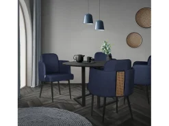 ML-Design 4x Sillas de comedor con funda de tela azul oscuro asientos de salón con respaldo y reposabrazos de ratán mueble tapizado y patas de metal