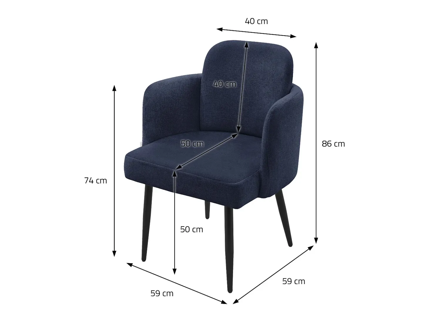ML-Design 4x Sillas de comedor con funda de tela azul oscuro asientos de salón con respaldo y reposabrazos de ratán mueble tapizado y patas de metal
