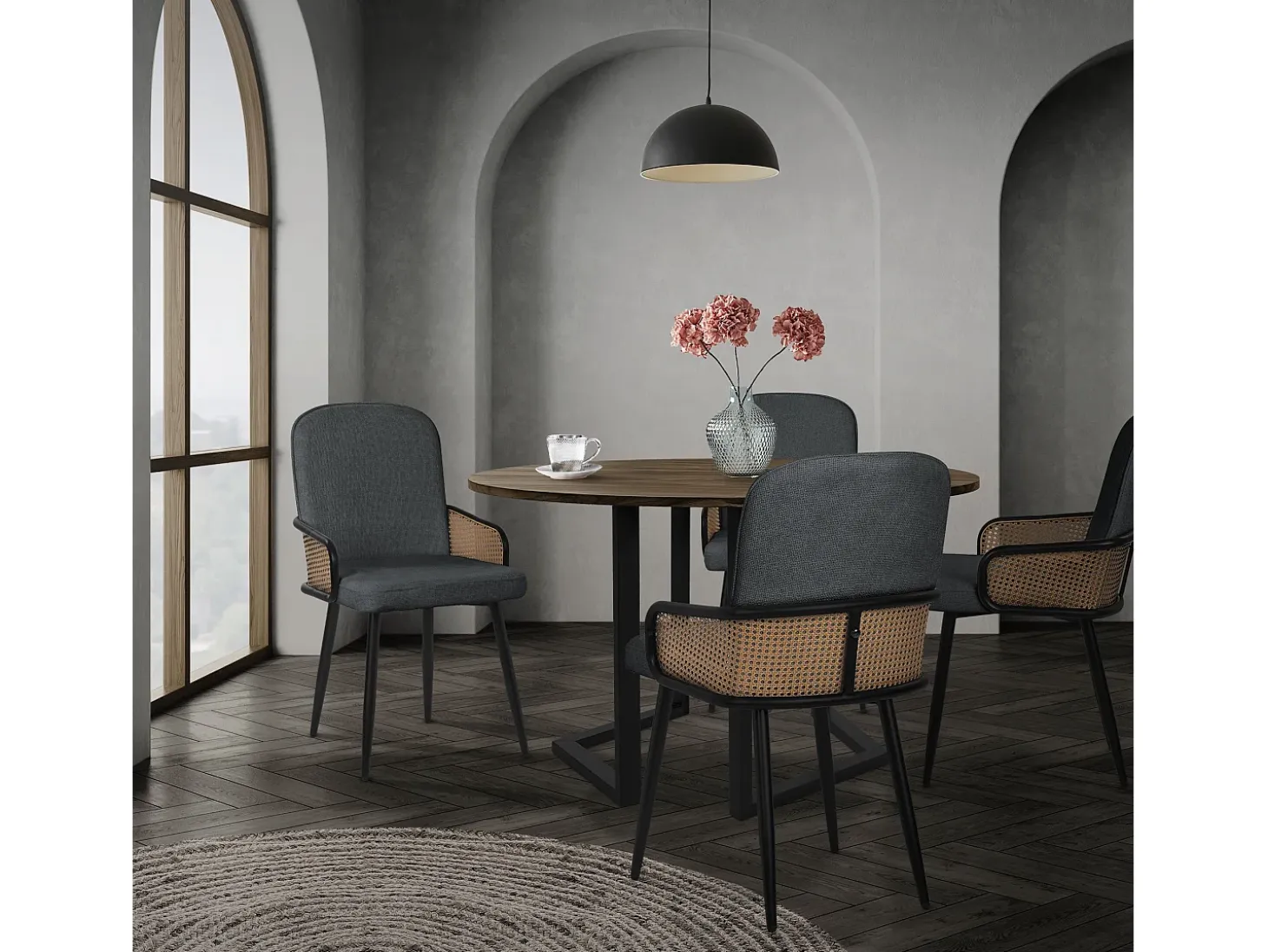 ML-Design 6x Sillas de comedor con funda de tela antracita, asiento con respaldo, reposabrazos con aspecto de ratán sillón ergonómico de cocina