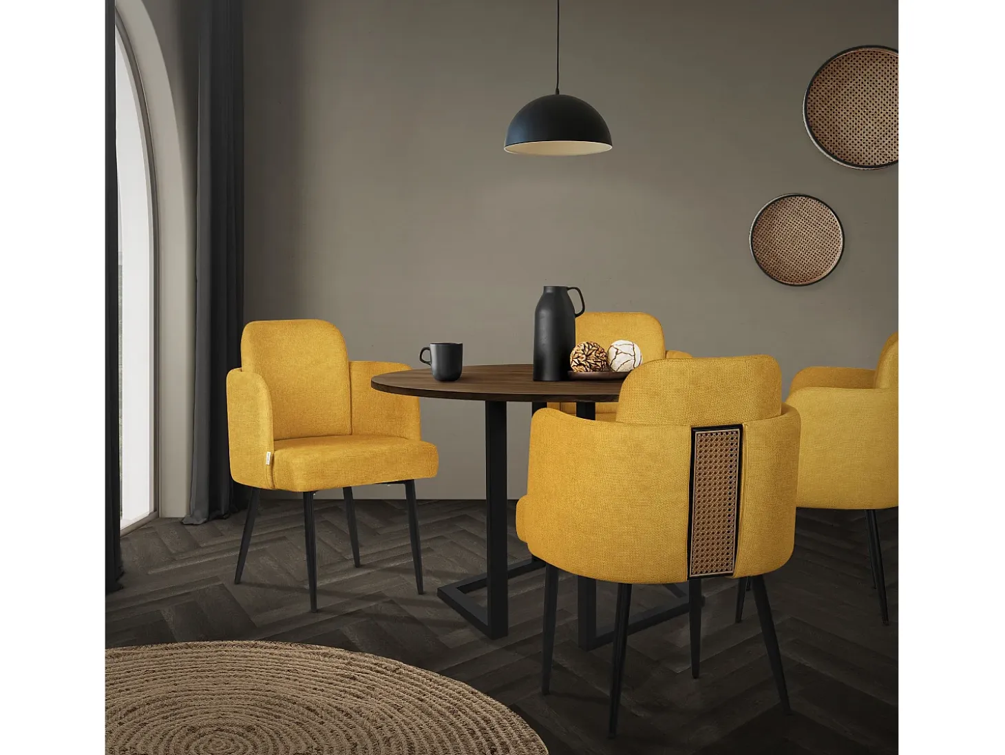 ML-Design 2x Sillas de comedor con funda de tela mostaza asientos sofá de salón con respaldo y reposabrazos de ratán mueble tapizado y patas de metal