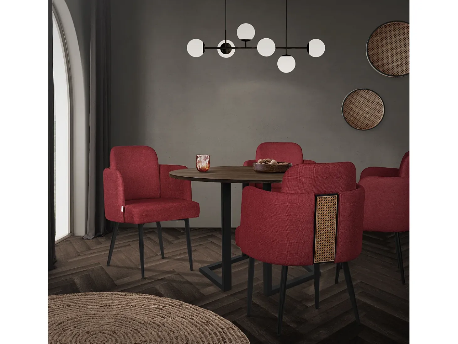 ML-Design 4x Sillas de comedor con funda de tela roja asientos sofá de salón con respaldo y reposabrazos de ratán mueble tapizado y patas de metal
