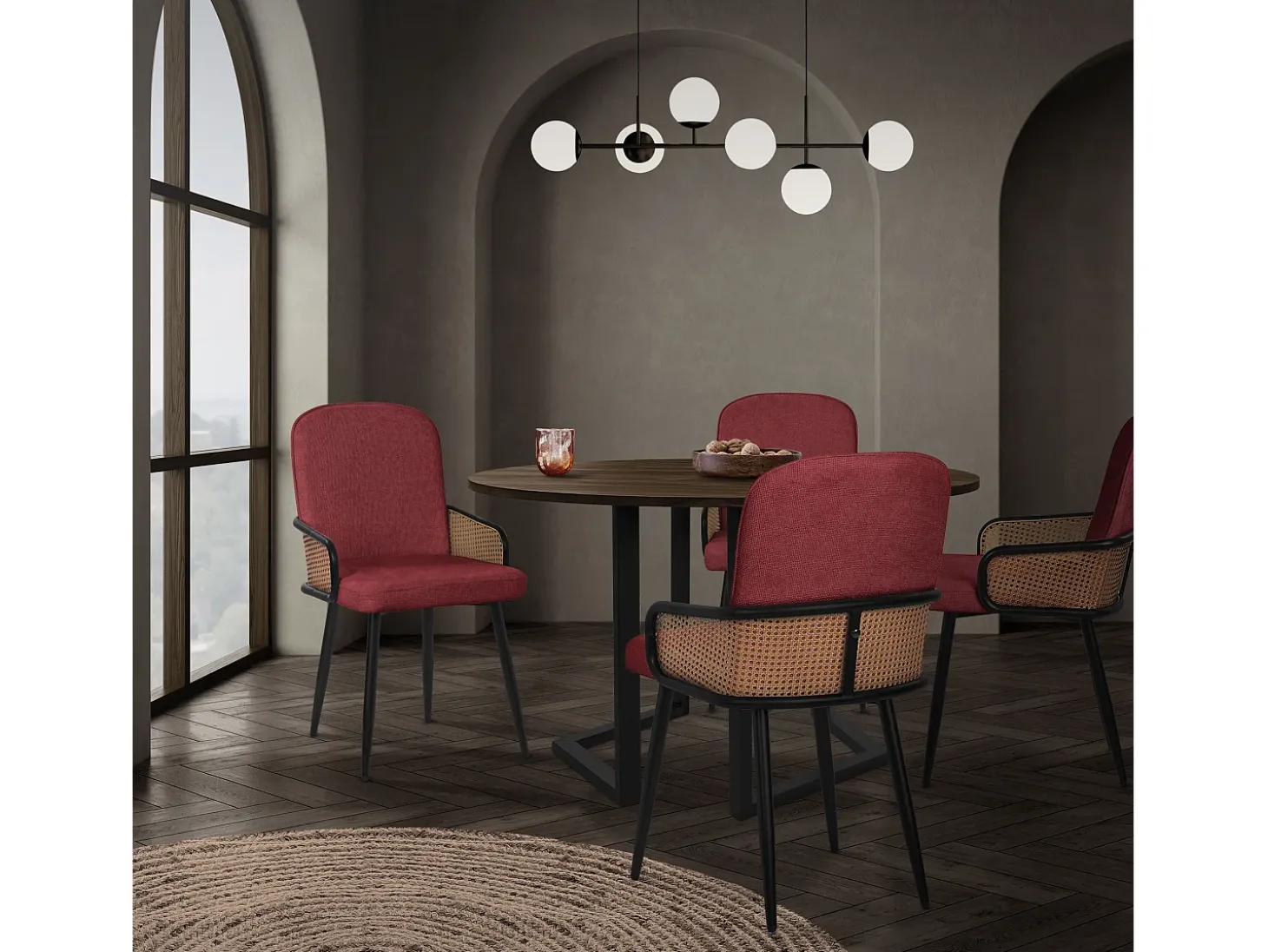 ML-Design 4x Sillas de comedor con funda de tela roja, asiento con respaldo, reposabrazos con aspecto de ratán sillón ergonómico de cocina
