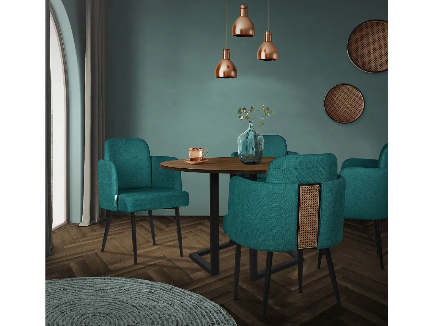 ML-Design 6x Sillas de comedor con funda de tela turquesa oscuro asientos con respaldo y reposabrazos de ratán mueble tapizado y patas de metal