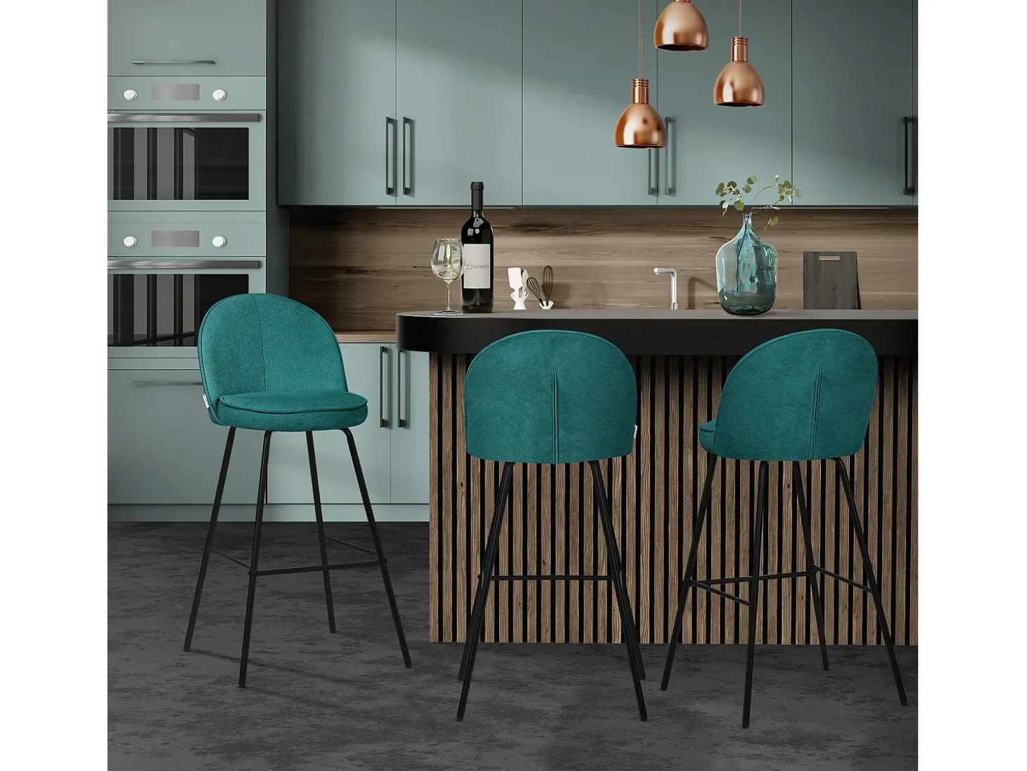 ML-Design 2x Taburetes de bar turquesa oscuro con tapizado de tela, 75cm sillas con respaldo y reposapíes, estructura metálica sillones para encimera