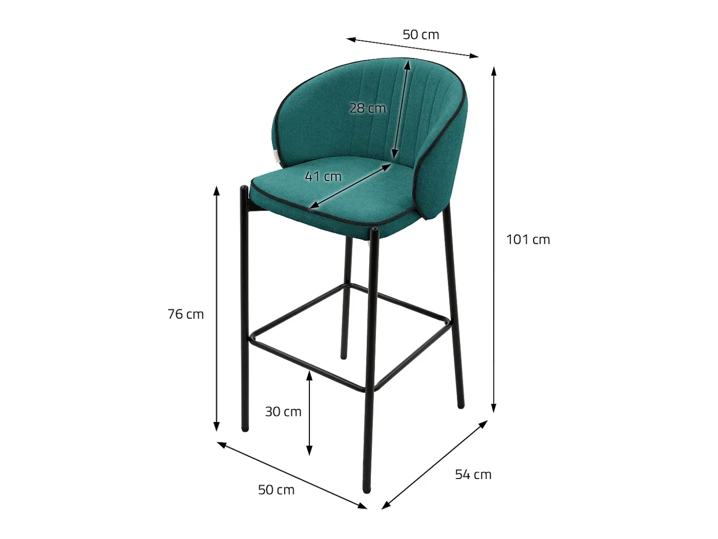 ML-Design 4x Taburetes de bar turquesa oscuro con tapizado de tela, 76cm sillas con respaldo y reposapíes, estructura metálica sillones para encimera