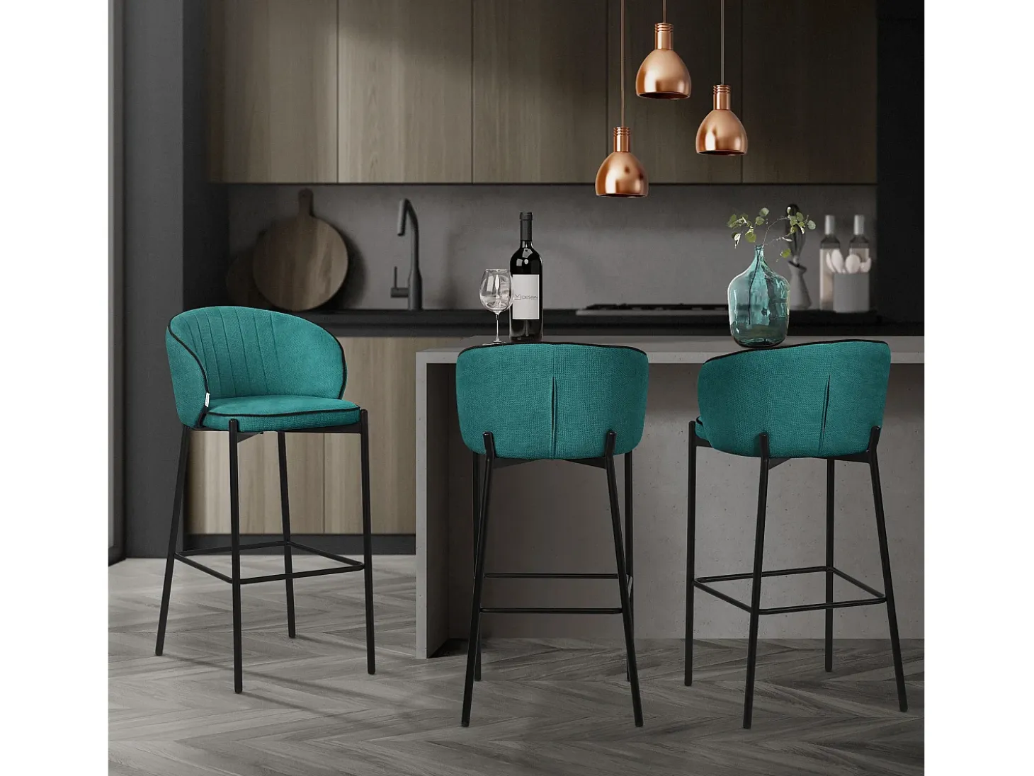 ML-Design 4x Taburetes de bar turquesa oscuro con tapizado de tela, 76cm sillas con respaldo y reposapíes, estructura metálica sillones para encimera