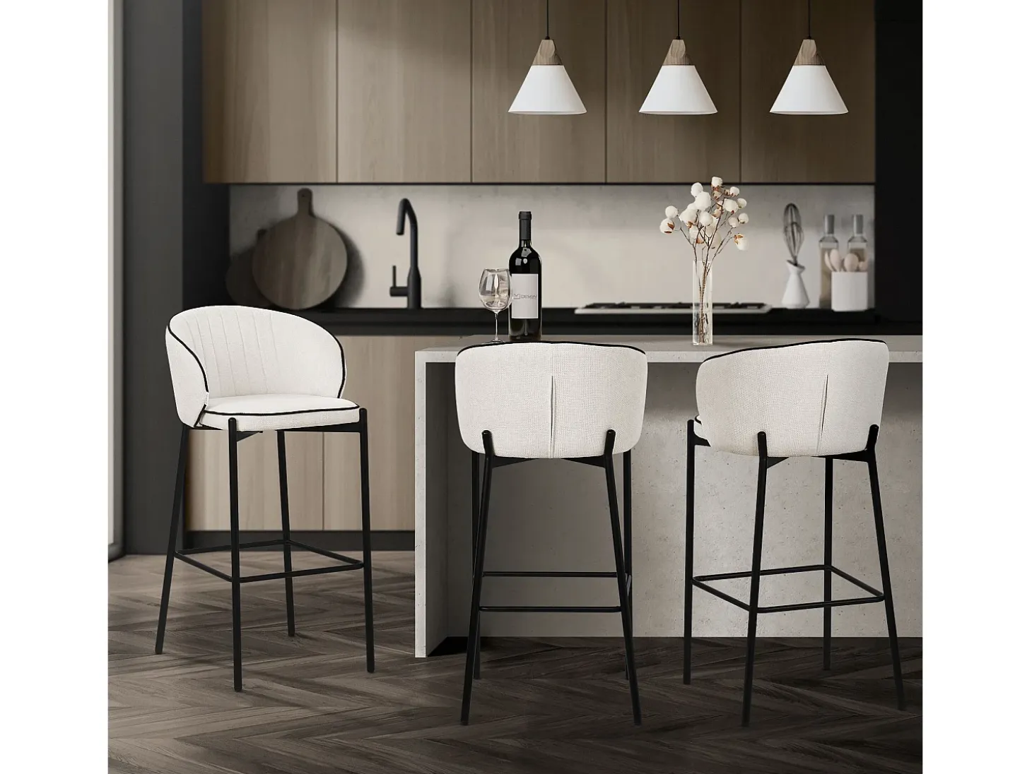 ML-Design 2x Taburetes de bar beige con tapizado de tela, 76cm altura, sillas con respaldo y reposapíes, estructura metálica sillones para encimera