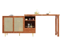 Mobile bar girevole con 2 ante scorrevoli in rattan e cassetto - marrone
