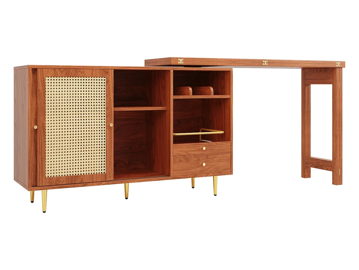 Mobile bar girevole con 2 ante scorrevoli in rattan e cassetto - marrone