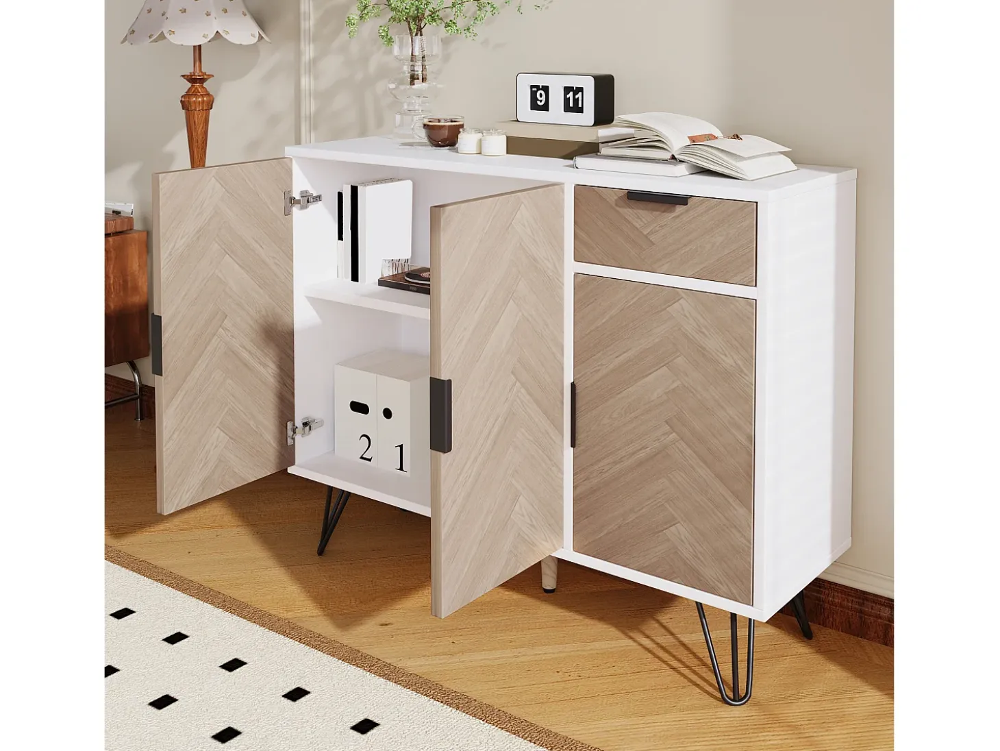 Moderno mueble de almacenaje, aparador con cajón y estantes regulables en altura (90 x 30 x 71,5 cm)