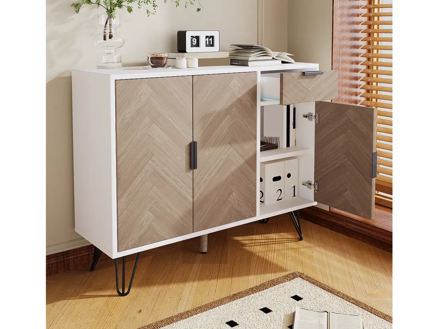 Moderno mueble de almacenaje, aparador con cajón y estantes regulables en altura (90 x 30 x 71,5 cm)