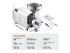 Molino de Granos SucceBuy 2200 W, Molino de Maíz 50 KG/H Acero Inoxidable para Pimienta Soja Cacahuete Granos de Maíz Harina de Molienda
