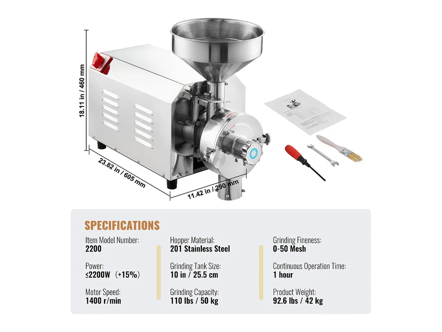 Molino de Granos SucceBuy 2200 W, Molino de Maíz 50 KG/H Acero Inoxidable para Pimienta Soja Cacahuete Granos de Maíz Harina de Molienda