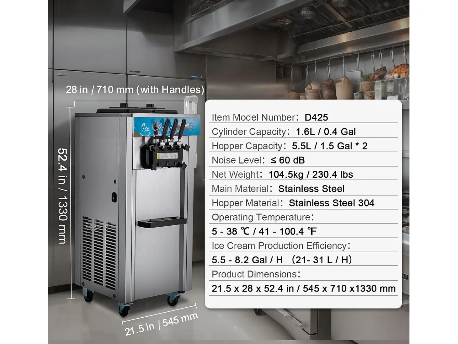 Máquina de Helado Blando Comercial SucceBuy, 21 - 31 L/H, 1500 W, 3 Sabores, 2x5,5 L, para Yogur, Café y Snack-Bar