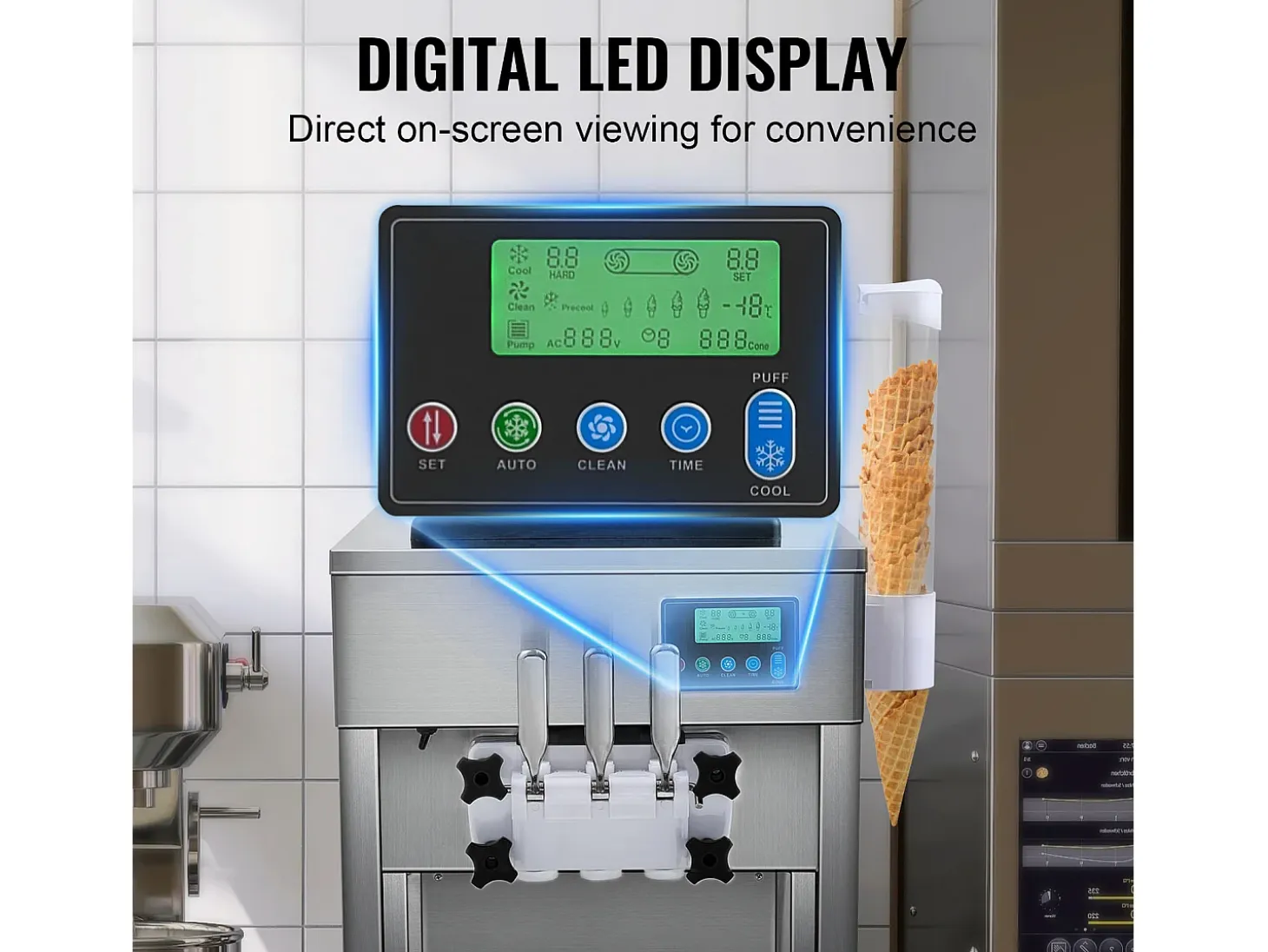 Máquina de Helado Blando SucceBuy, 20 L/h 1800 W 3 Sabores, Limpieza Automática, para Café Snack-Bar Restaurante Supermercado