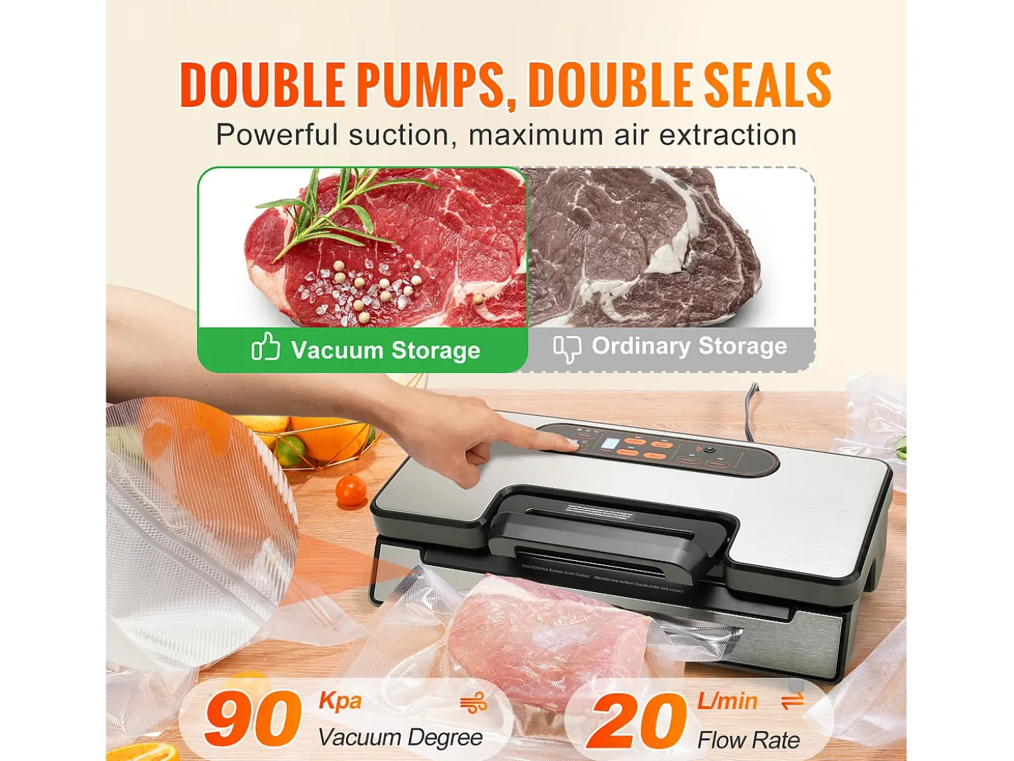 Máquina Sous Vide SucceBuy Selladora al Vacío para Conservación y Almacenamiento de Alimentos, Potente Sistema de Sellado de 90 kPa con Bolsas Selladas