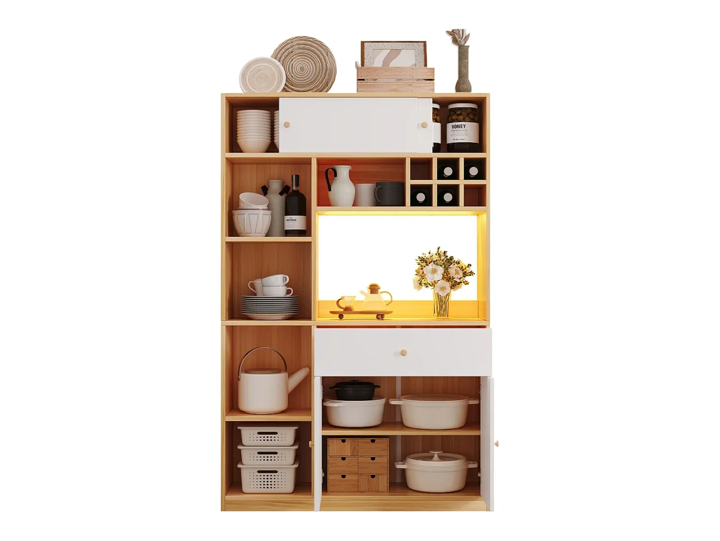 Mueble alto de cocina 115x35x180cm - 3 puertas + 1 cajón - con iluminación LED - mueble alto - Natural + Blanco
