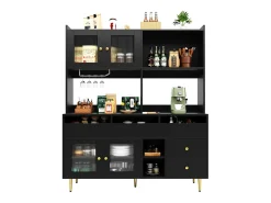 Mueble alto de comedor negro/dorado (145x39x171cm) con puertas de cristal perforado y botellero