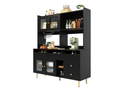 Mueble alto de comedor negro/dorado (145x39x171cm) con puertas de cristal perforado y botellero