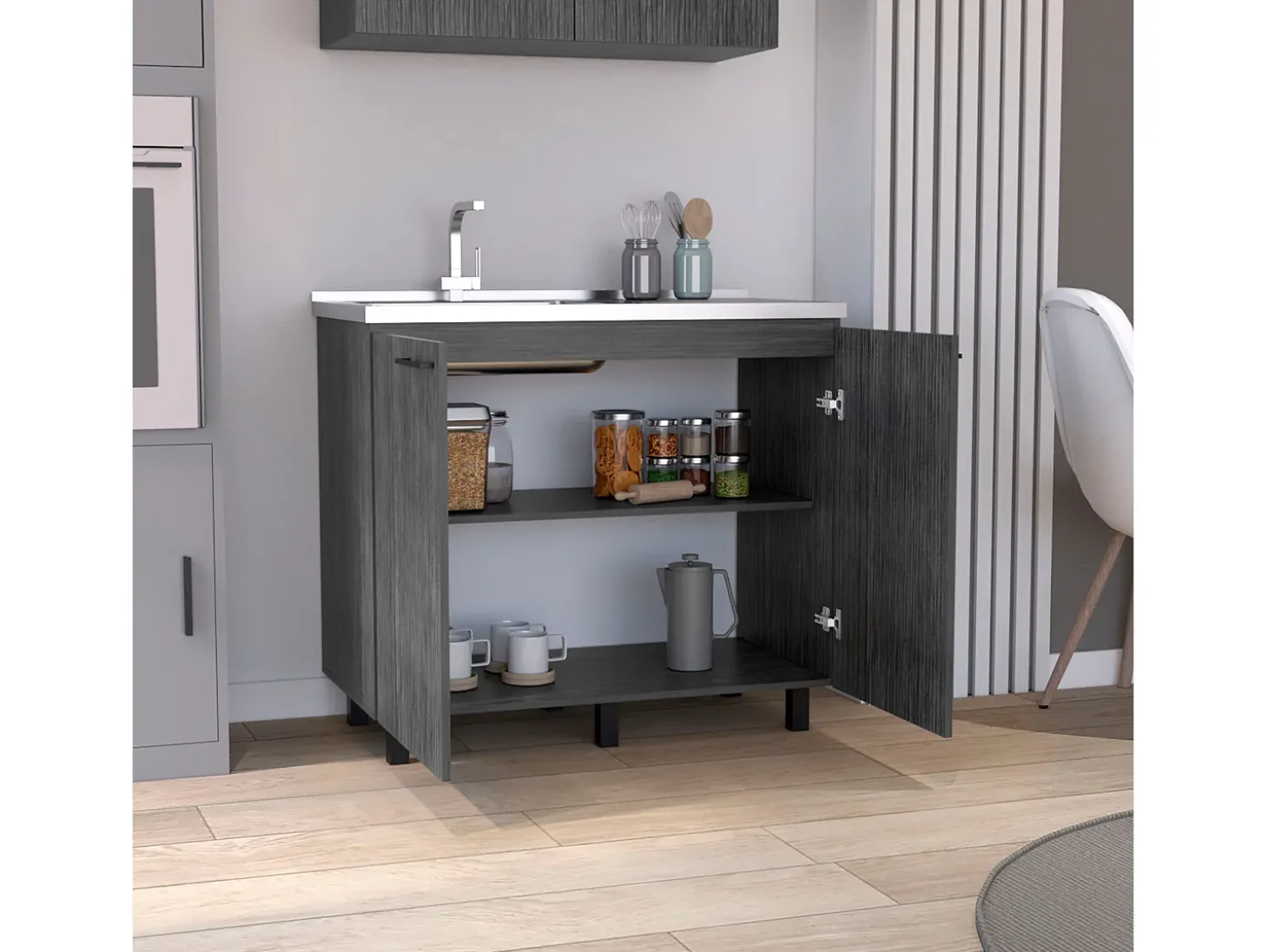 Mueble bajo Napoles en melamina con 2 estantes , 2 puertas y encimera de acero inoxidable , gris , 89 cm X 100 cm X 52.5 cm