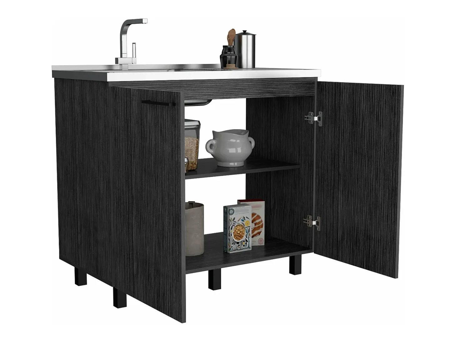 Mueble bajo Napoles en melamina con 2 estantes , 2 puertas y encimera de acero inoxidable , gris , 89 cm X 100 cm X 52.5 cm