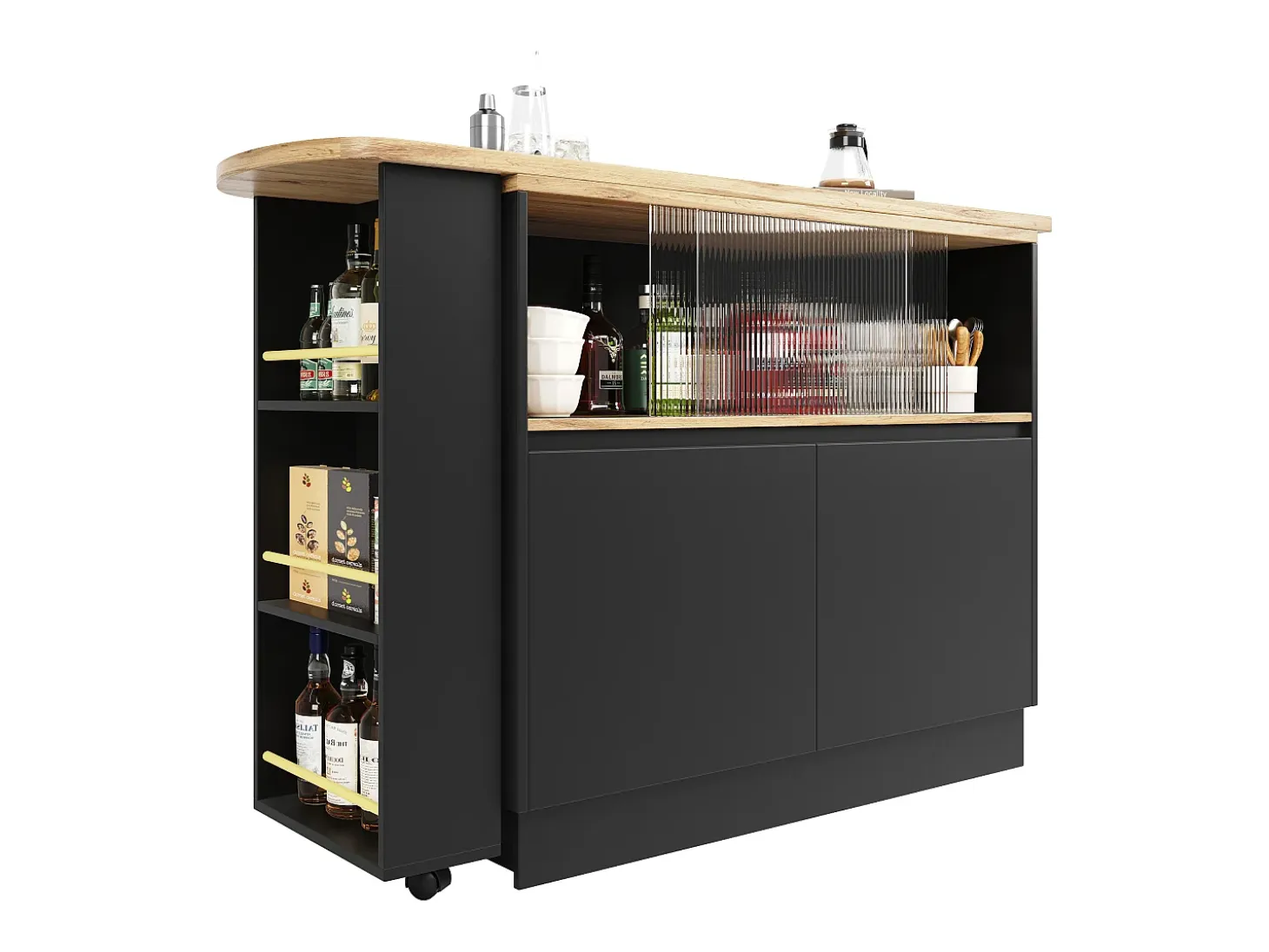 Mueble bar de 2 puertas - Mueble bar extensible con 2 puertas corredizas de vidrio y estantes abiertos - negro
