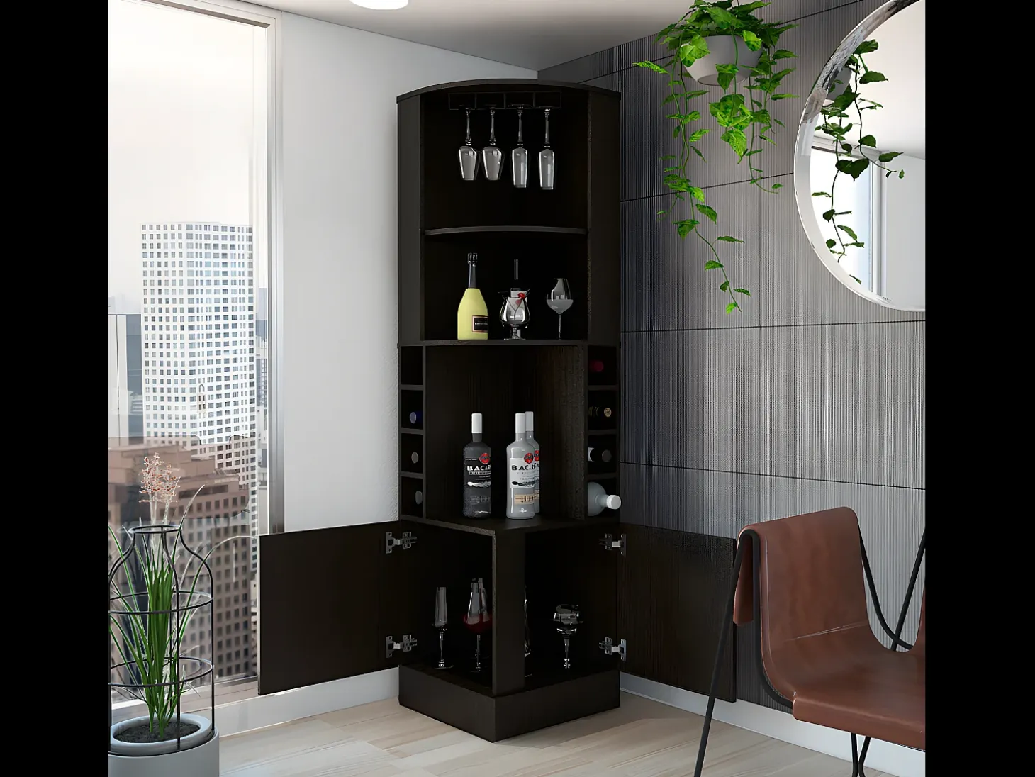 Mueble bar esquinero Syrah, con soporte para copas 180.6CM A X 46.9CM An X 46.9CM P Wengue