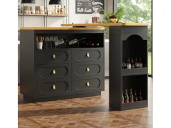 Mueble bar extensible con rotación de 360° - Longitud ajustable - con 6 cajones - MDF - negro