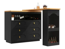 Mueble bar extensible con rotación de 360° - Longitud ajustable - con 6 cajones - MDF - negro