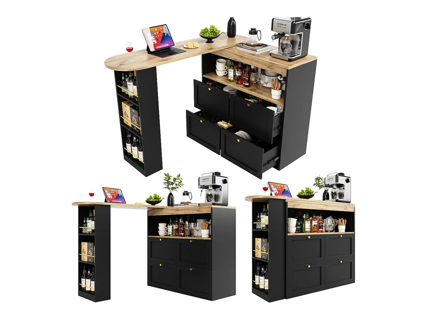 Mueble bar giratorio - 4 cajones, 3 estantes y nicho - Tapa efecto madera MDF - 138 cm/105x39x102 cm - Negro