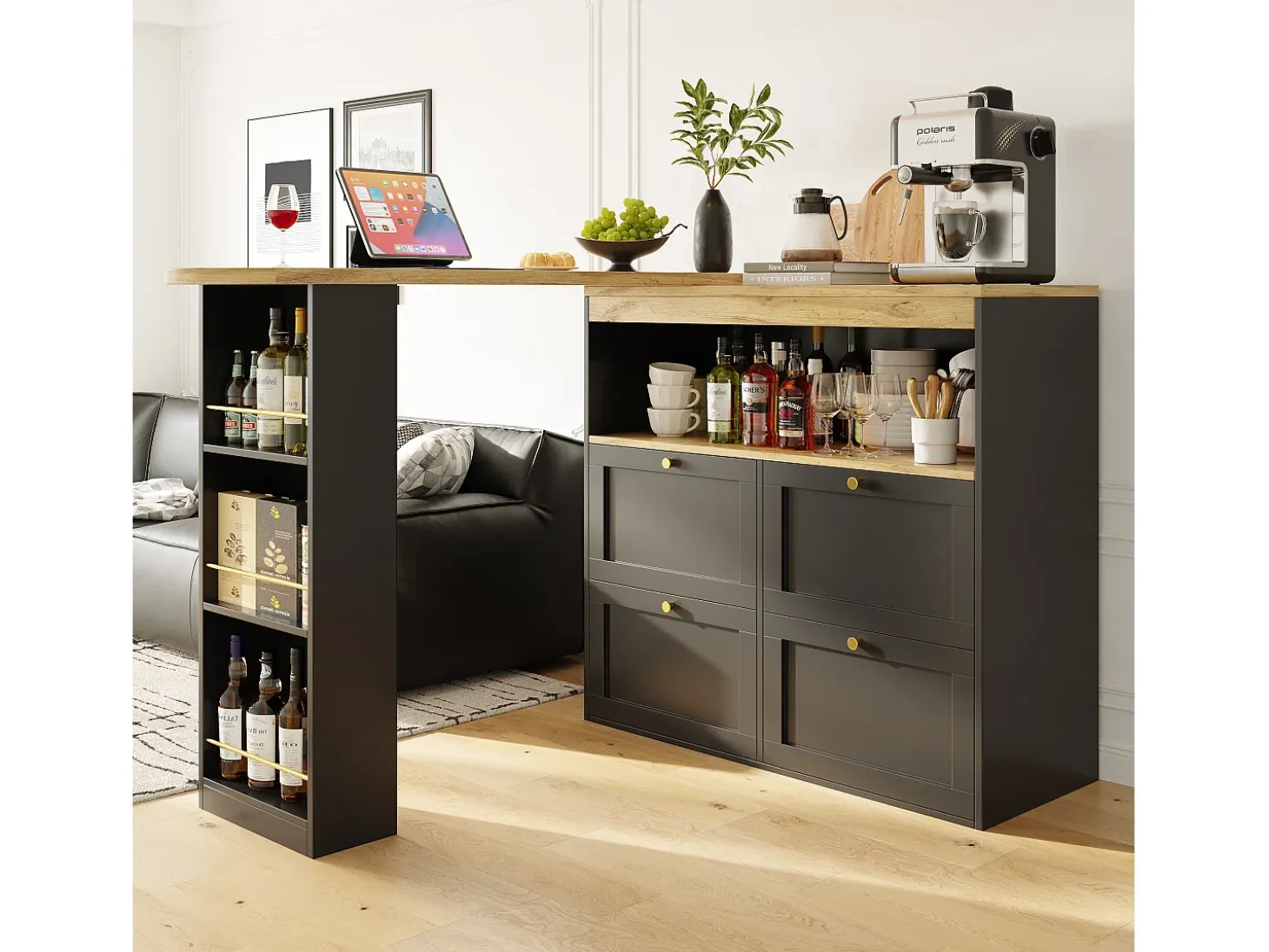 Mueble bar giratorio - 4 cajones, 3 estantes y nicho - Tapa efecto madera MDF - 138 cm/105x39x102 cm - Negro