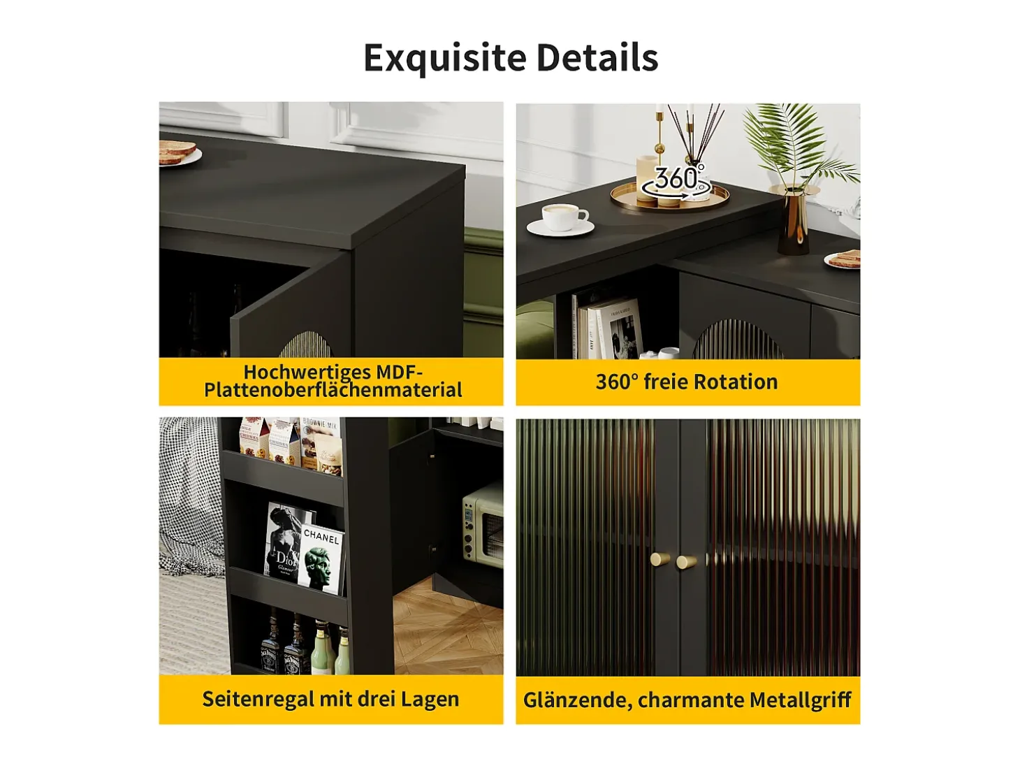 Mueble Bar Giratorio - 3 Puertas y Estantes de Almacenamiento - Madera MDF y Vidrio - Para Comedor o Sala - Negro