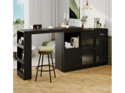 Mueble Bar Giratorio - 3 Puertas y Estantes de Almacenamiento - Madera MDF y Vidrio - Para Comedor o Sala - Negro