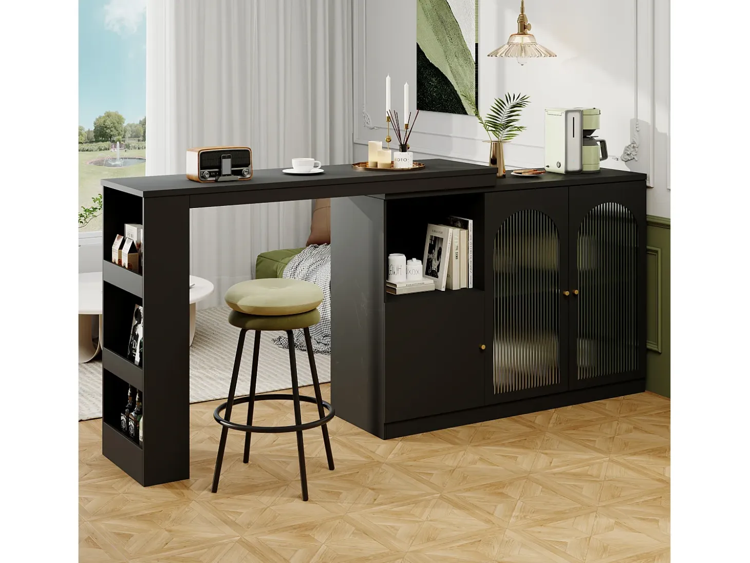 Mueble Bar Giratorio - 3 Puertas y Estantes de Almacenamiento - Madera MDF y Vidrio - Para Comedor o Sala - Negro