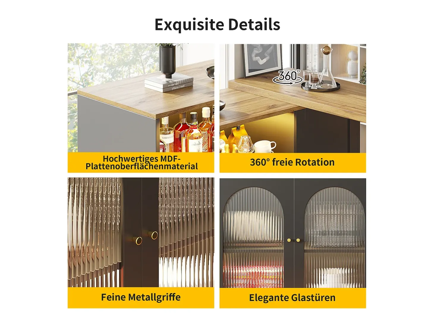 Mueble Bar Giratorio - 4 Puertas y Estantes de Almacenamiento - LEDs - Madera MDF - Negro y Natural