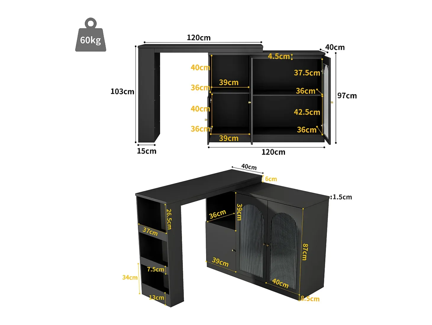 Mueble bar giratorio - 200 x 40 x 103 cm - con 3 puertas y 4 compartimentos abiertos - puerta de cristal - negro