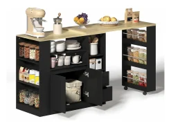Mueble bar giratorio - 115 x 50 x 92 cm - con estantes + 2 cajones + mesa extensible - MDF - negro + natural