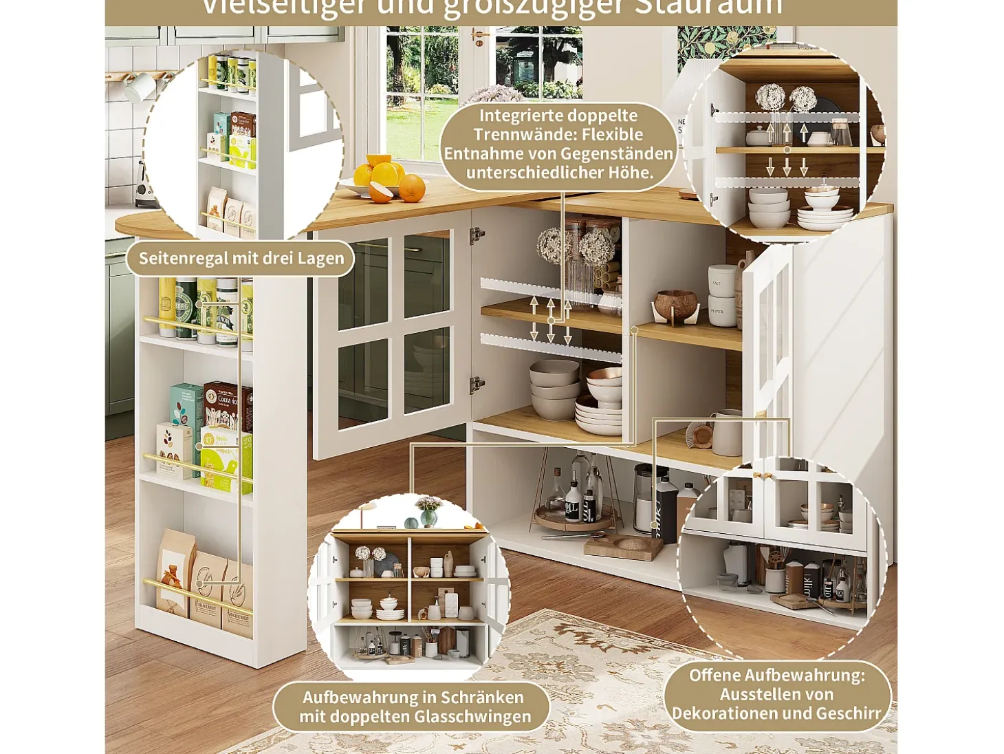 Mueble bar giratorio - 204 x 39 x 102,5 cm - con 4 compartimentos de almacenaje + 2 puertas - MDF - blanco