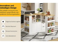Mueble bar giratorio - 115 x 50 x 92 cm - con estantes + 2 cajones + mesa extensible - MDF - blanco + natural