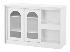 Mueble bar giratorio blanco - Mesa de bar con 2 puertas de cristal y 2 compartimentos de almacenamiento abiertos - parte superior giratoria