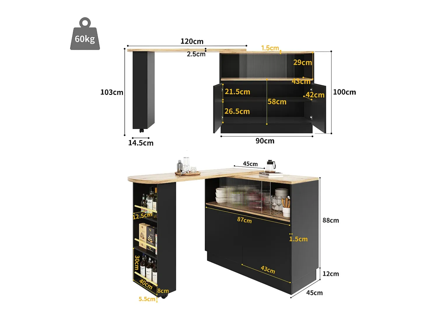 Mueble bar giratorio con almacenaje - Madera MDF y cristal - Negro y natural claro