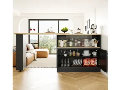 Mueble bar giratorio con almacenaje - Madera MDF y cristal - Negro y natural claro