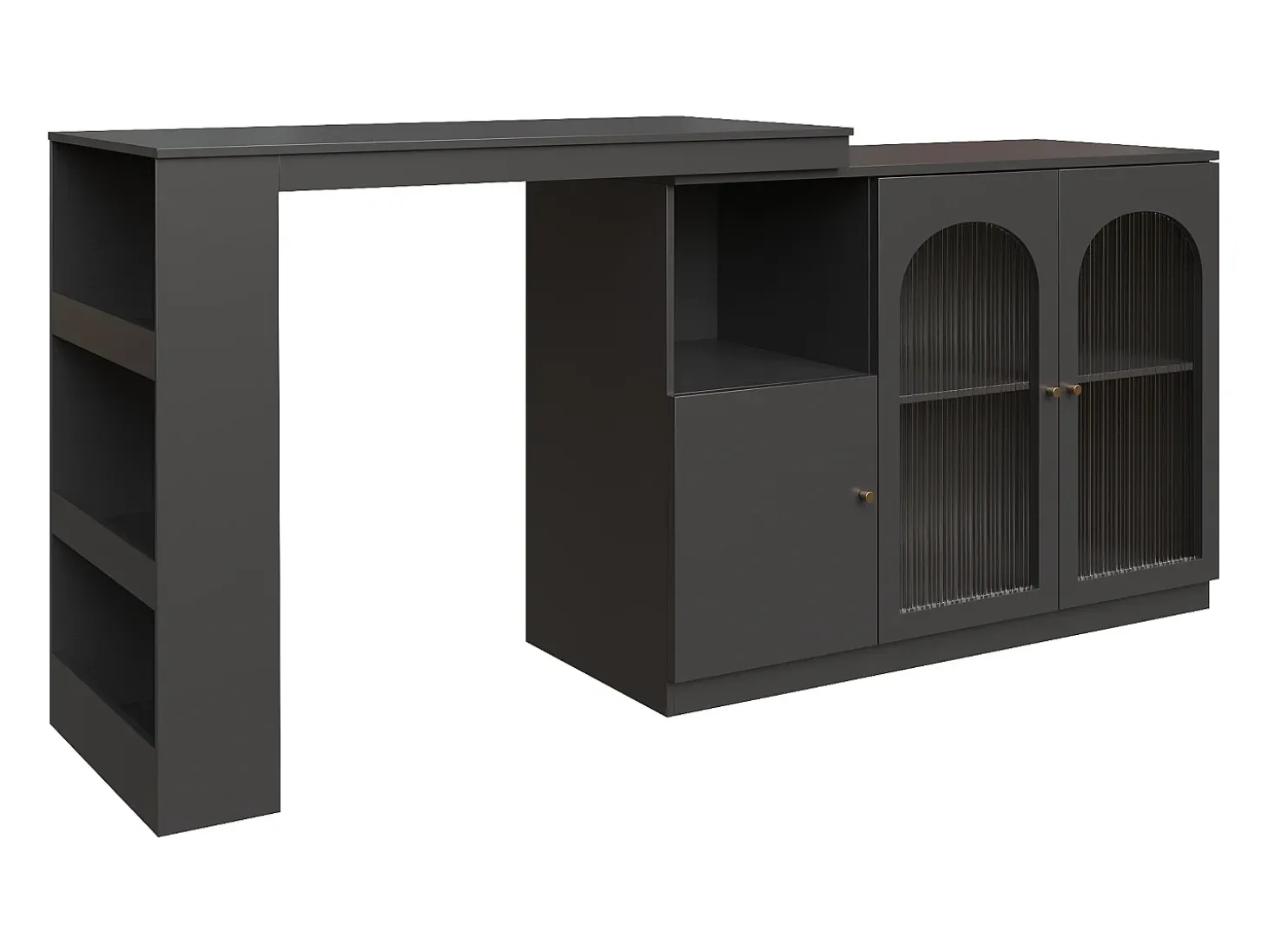 Mueble bar giratorio con 3 puertas, 2 de ellas de cristal, estantes abiertos incluidos, cuerpo negro - 120x40x103cm