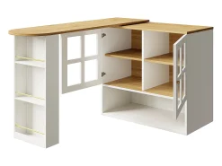 Mueble bar giratorio con 2 puertas de cristal y 1 nicho, cuerpo blanco, tapa chapada en imitación madera - 204x39x102,5cm