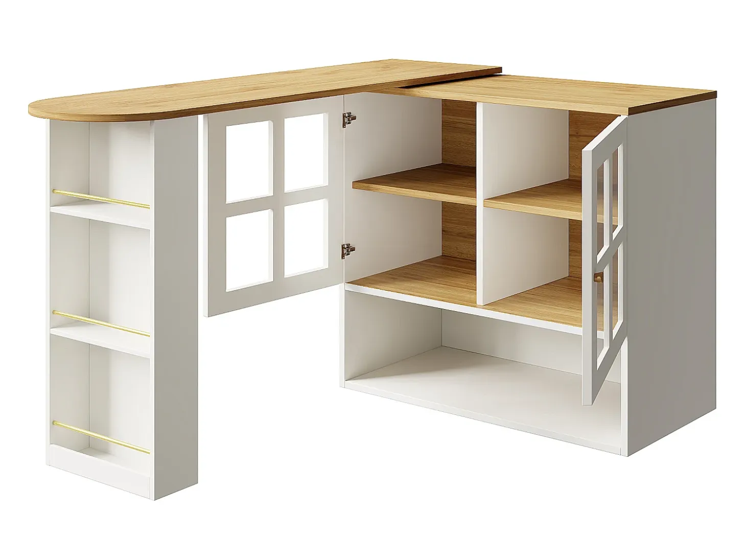 Mueble bar giratorio con 2 puertas de cristal y 1 nicho, cuerpo blanco, tapa chapada en imitación madera - 204x39x102,5cm