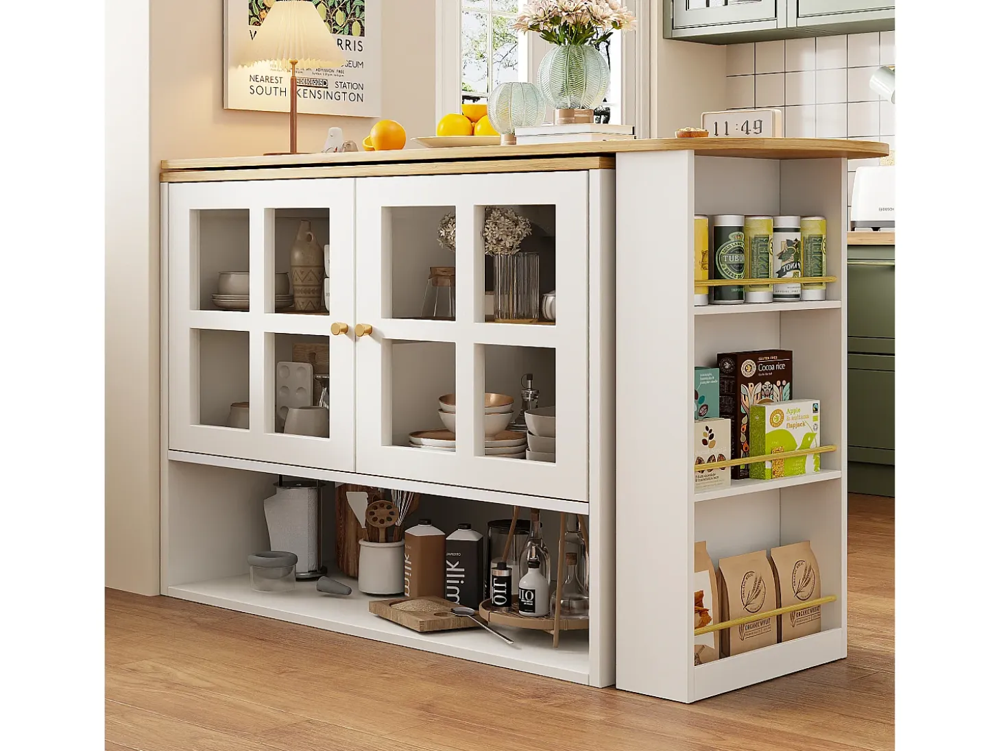 Mueble bar giratorio con 2 puertas de cristal y 1 nicho, cuerpo blanco, tapa chapada en imitación madera - 204x39x102,5cm