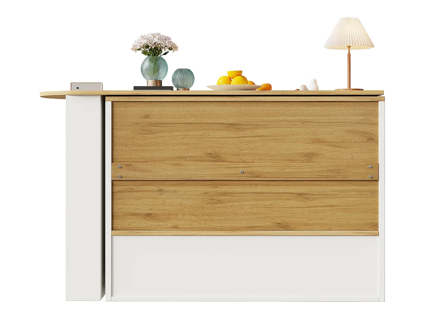 Mueble bar giratorio con 2 puertas de cristal y 1 nicho, cuerpo blanco, tapa chapada en imitación madera - 204x39x102,5cm