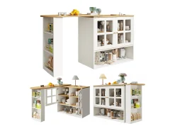 Mueble bar giratorio con 2 puertas de cristal y 1 nicho, cuerpo blanco, tapa chapada en imitación madera - 204x39x102,5cm