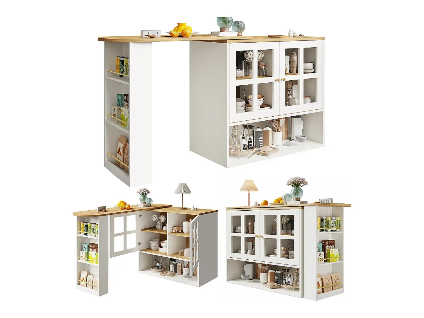 Mueble bar giratorio con 2 puertas de cristal y 1 nicho, cuerpo blanco, tapa chapada en imitación madera - 204x39x102,5cm