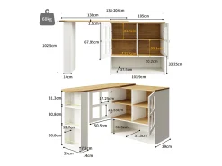 Mueble bar giratorio con 2 puertas de cristal y 1 nicho, cuerpo blanco, tapa chapada en imitación madera - 204x39x102,5cm